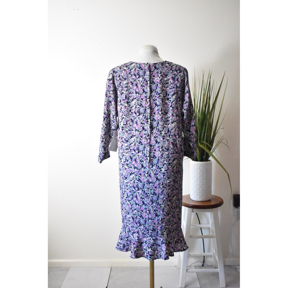 Vintage Floral Shift Dress Womens L Purple 80s Ruffle Hem Pockets Midi - Picture 4 of 8